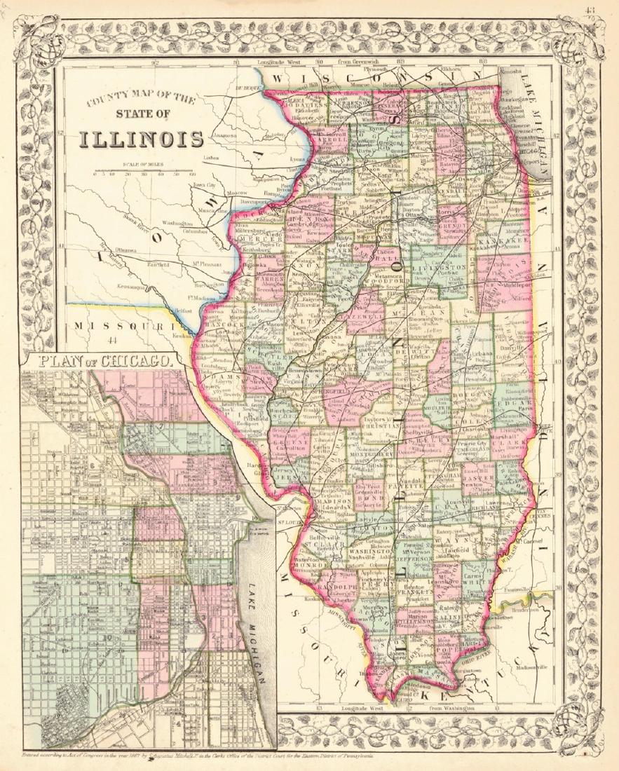 County Map of the State of Illinois: Reserve Reduced! Title: County Map of the State of Illinois Publication Date: 1867 Cartographer: S. Augustus Mitchell, Jr. Publisher: S. Augustus Mitchell Size: 12.8 X 10 Colored by county (or wards w