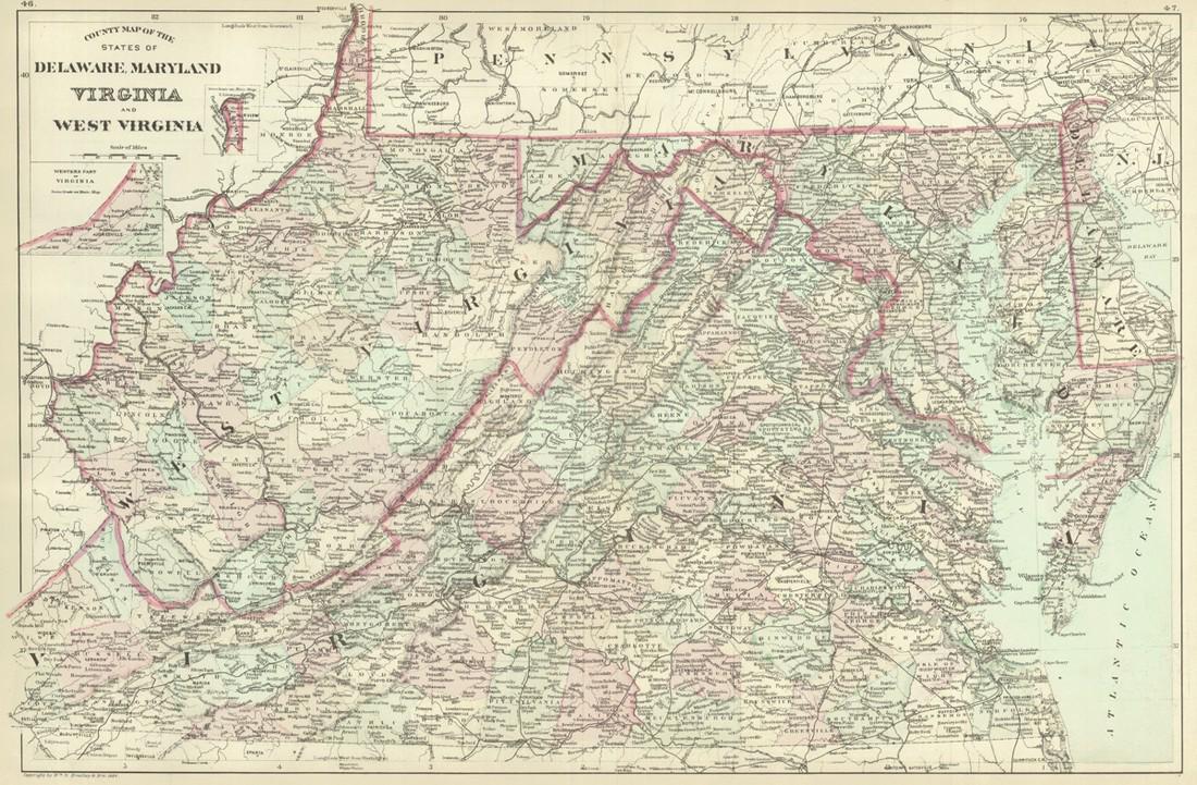 County Map of the States of Delaware, Maryland,: Reserve Reduced! Title: County Map of the States of Delaware, Maryland, Virginia And West Virginia Publication Date: 1886 Cartographer: MITCHELL, S. AUGUSTUS, JR. Publisher: BRADLEY & BRO. Size: 14.5 