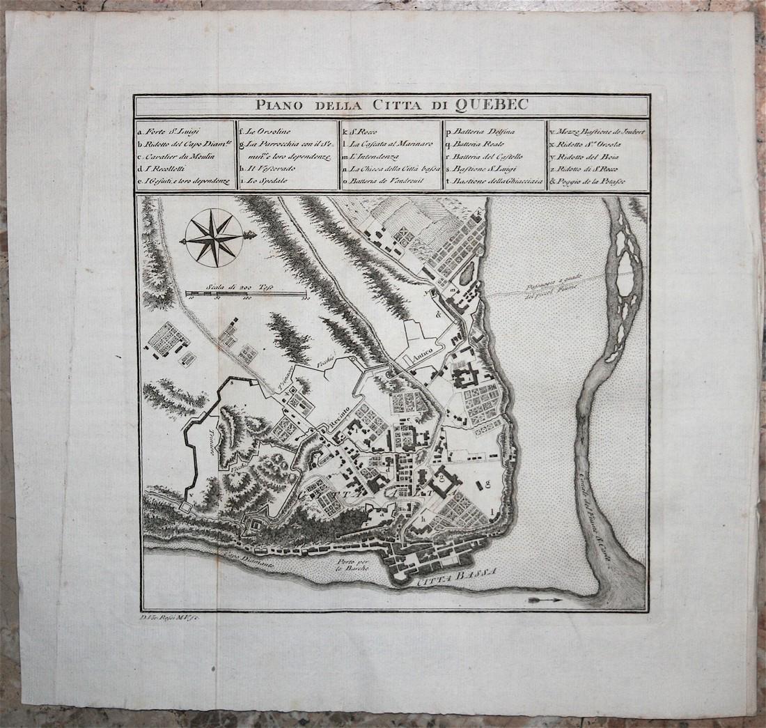 Piano della Città di Quebec: Reserve Reduced! Title: Piano della Città di Quebec Date/Period: 1763 Materials: paper Dimensions: 23,5 x 24 cm (on sheet 32,5 x 34,5 cm) Handsome Italian plan of the city of Quebec includes a key to