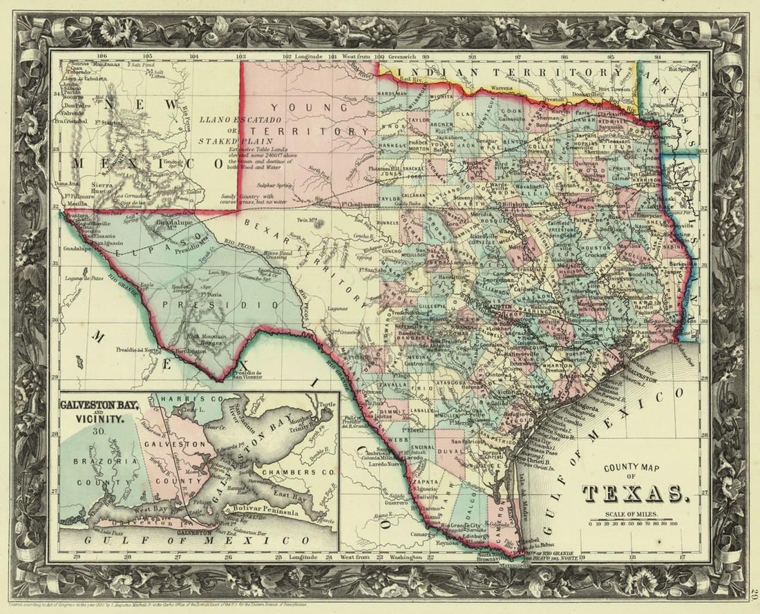 County Map of Texas.: Reserve Reduced! Title: County Map of Texas. Publication Date: 1861 Cartographer: MITCHELL, SAMUEL AUGUSTUS (JR.) Publisher: S. Augustus Mitchell, Jr. Size: 10.75 X 13.25 Map 29 from Mitchell's New Ge