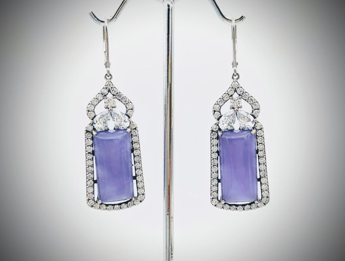 Sterling Silver Leaf Backed Violet Jade Earrings w CZs (1 of 3)