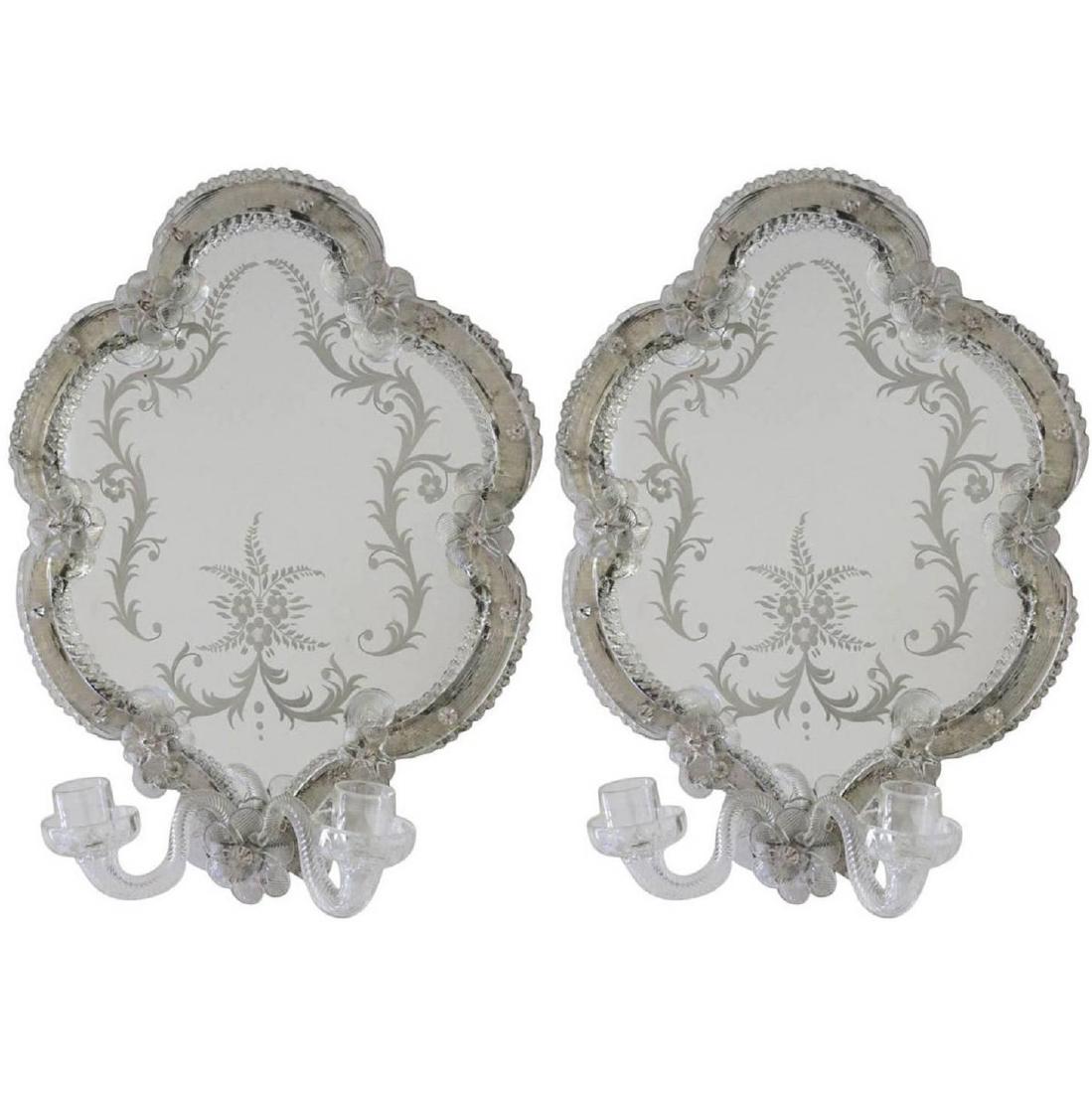 Pair of Murano Glass Mirror Candleholder Sconces: Original Italian Antique Murano Glass from 1900s These beautiful sconces have two candleholder arms each Perfect antiqued condition and great patina on the mirror Production Time Available Now Of the