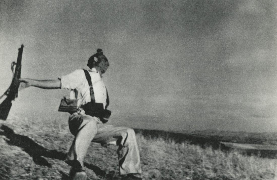 ROBERT CAPA - Moment of Death, Spain, 1936: Artist: Capa, Robert Title: Moment of Death, Spain, 1936 Medium: Gravure, 1968, Holland Dimensions: 7x4.5" Heat Wax Mounted on 8.5x11" Conservation Board Robert Capa (1913 - 1954) was a Hungarian war