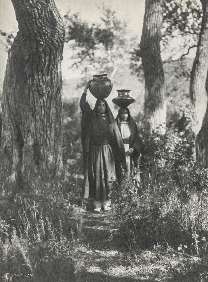 EDWARD S. CURTIS - The Water Carriers: Artist: Curtis, Edward S. Title: The Water Carriers Medium: Photo Litho, 1979, USA Dimensions: 4.7x6.3" Heat Wax Mounted on 8.5x11" Conservation Board Edward Sheriff Curtis (1868 – 1952) was an Amer