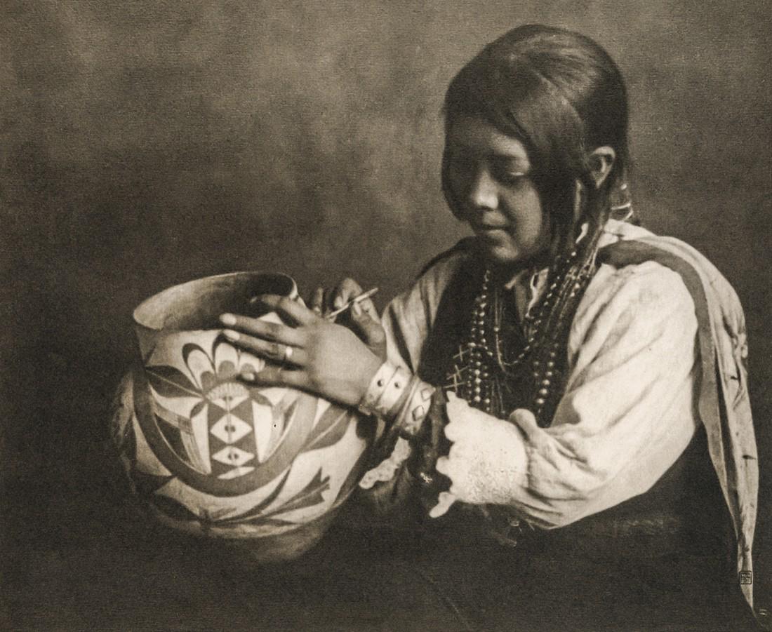 KARL E. MOON - Nampeyo (Painting Pottery), 1919: Artist: Moon, Karl E. Title: Nampeyo (Painting Pottery), 1919 Medium: Duotone Photo Litho, 1982, USA Dimensions: 6.6x5.4" Heat Wax Mounted on 8.5x11" Conservation Board < Born in Wilmington, Ohio, Car
