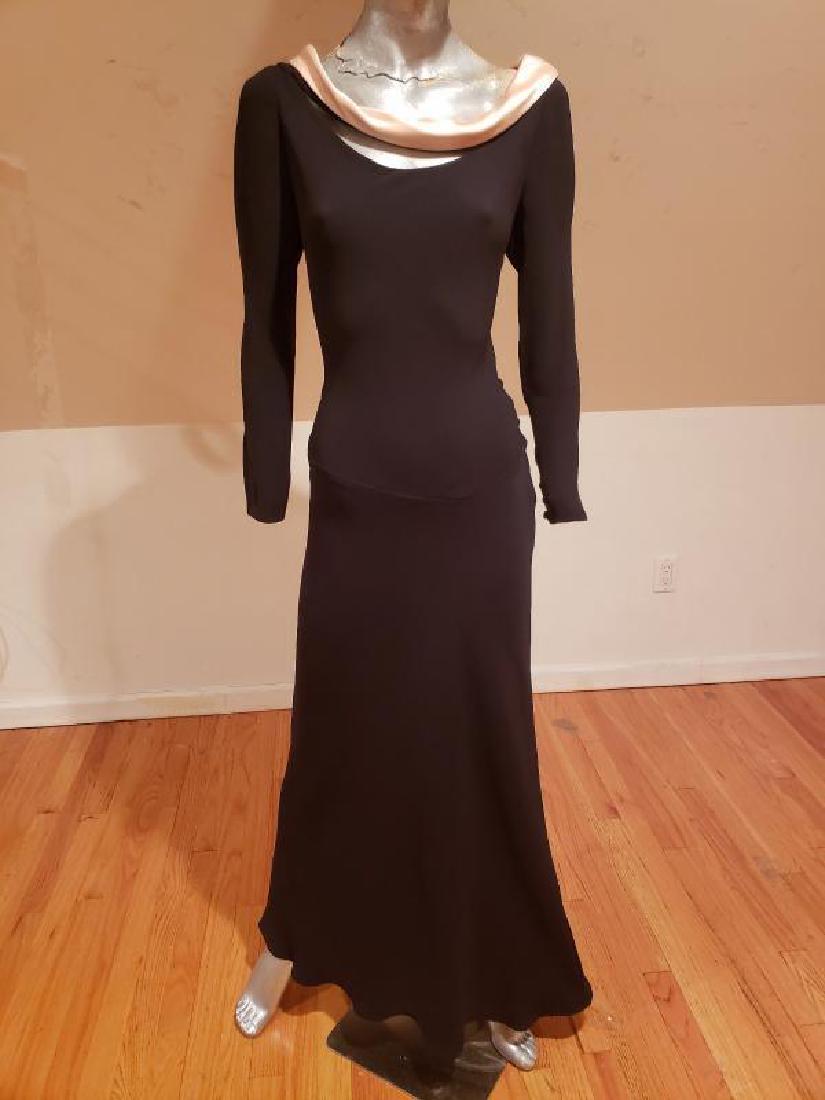 Bill Blass silk Maxi gown pink accent drape collar.: A vintage Bill Blass silk maxi bias cut gown. open front with draped collar on a scooped open neckline collar is lined with pink soie. Fabric covered buttons to one side and sleeves. Fluid Hem Line an