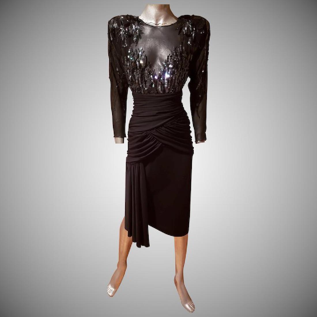Vtg signed 80's Casadei beaded draped cocktail silk: Stunner and a Wearable Art signed 1982 by Eletra Casadei. Couture like quality. sheer chiffon flirty under the effervescent beads & sequins. Front waist are gathered panels with waterfall. Sleeves are