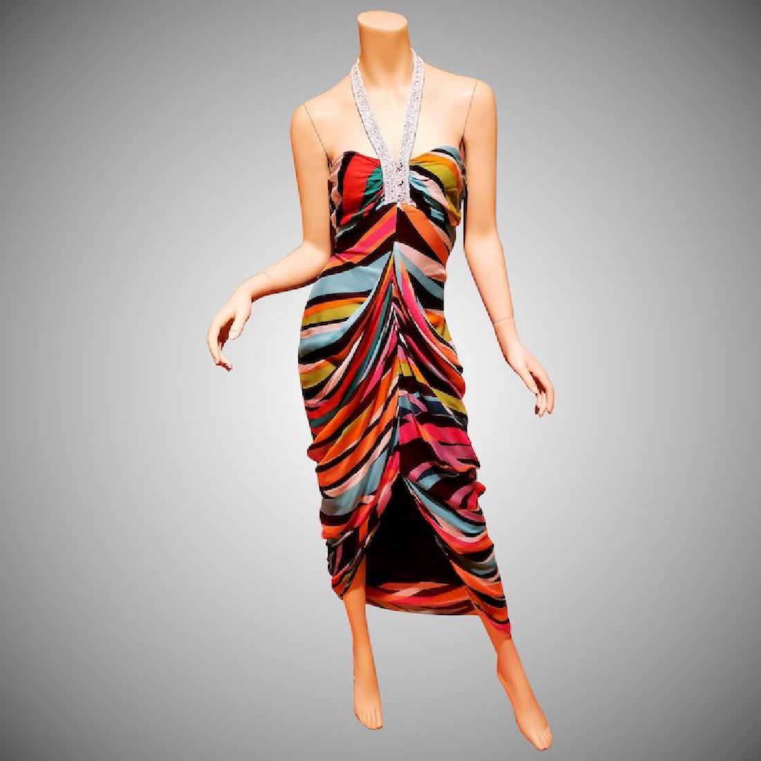 Vtg Silk Diane von Furstenberg multi colored sarong: This one is a stunner by Famous Diane von Furstenberg. Silk ruched Sarong kind maxi dress with an open slit at front. Halter neckline with mother of pearl beads throughout the halter and small closure