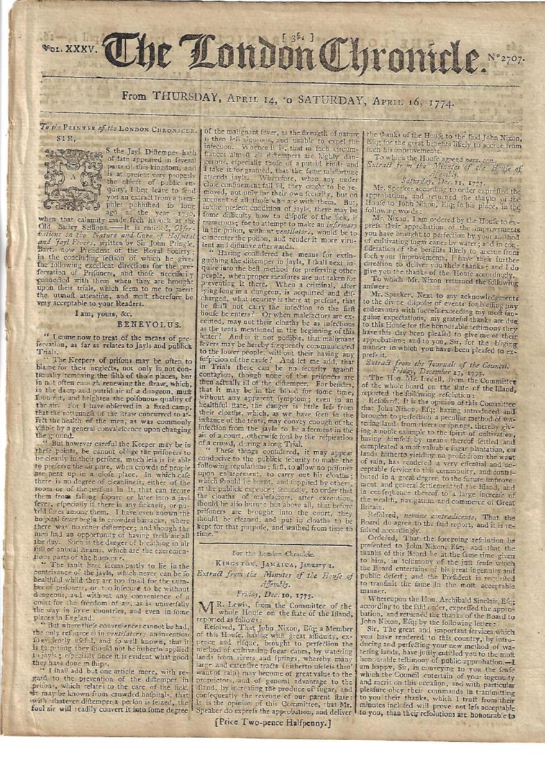 1774 London Chronicle Criminal Justice: The London Chronicle for April 14-16, 1774, eight pages complete. Front page on the jail distemper affecting many prisons and the dreadful conditions there. Inside on the recent murders by the Creek I
