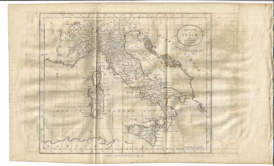 1783 Folding Map of Italy: 1783 Folding map of Italy by Bayly, and published for Harrison and Co., London. Very Good, light offset, measures 16 x 10". Reserve: $20.00 Shipping: Domestic: Flat-rate of $10.00 to anywhere within t