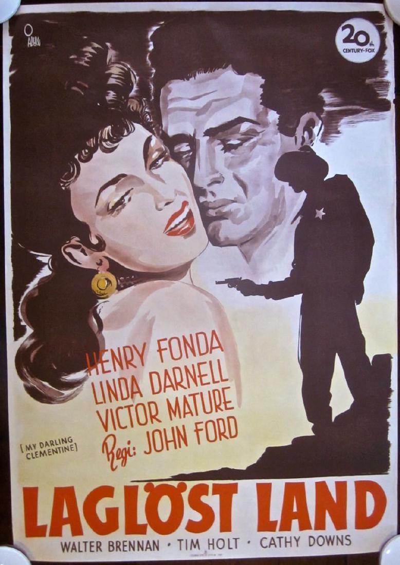 MY DARLING CLEMENTINE 1947 SWEDISH POSTER- RARE FONDA: MY DARLING CLEMENTINE -ORIGINAL 1947 SWEDISH POSTER- RARE HENRY FONDA JOHN FORD Original 1947 Swedish Advertising Movie poster (28 1/2" x 39 1/2") O. Aberg artwork! Poster has some border wear with ch