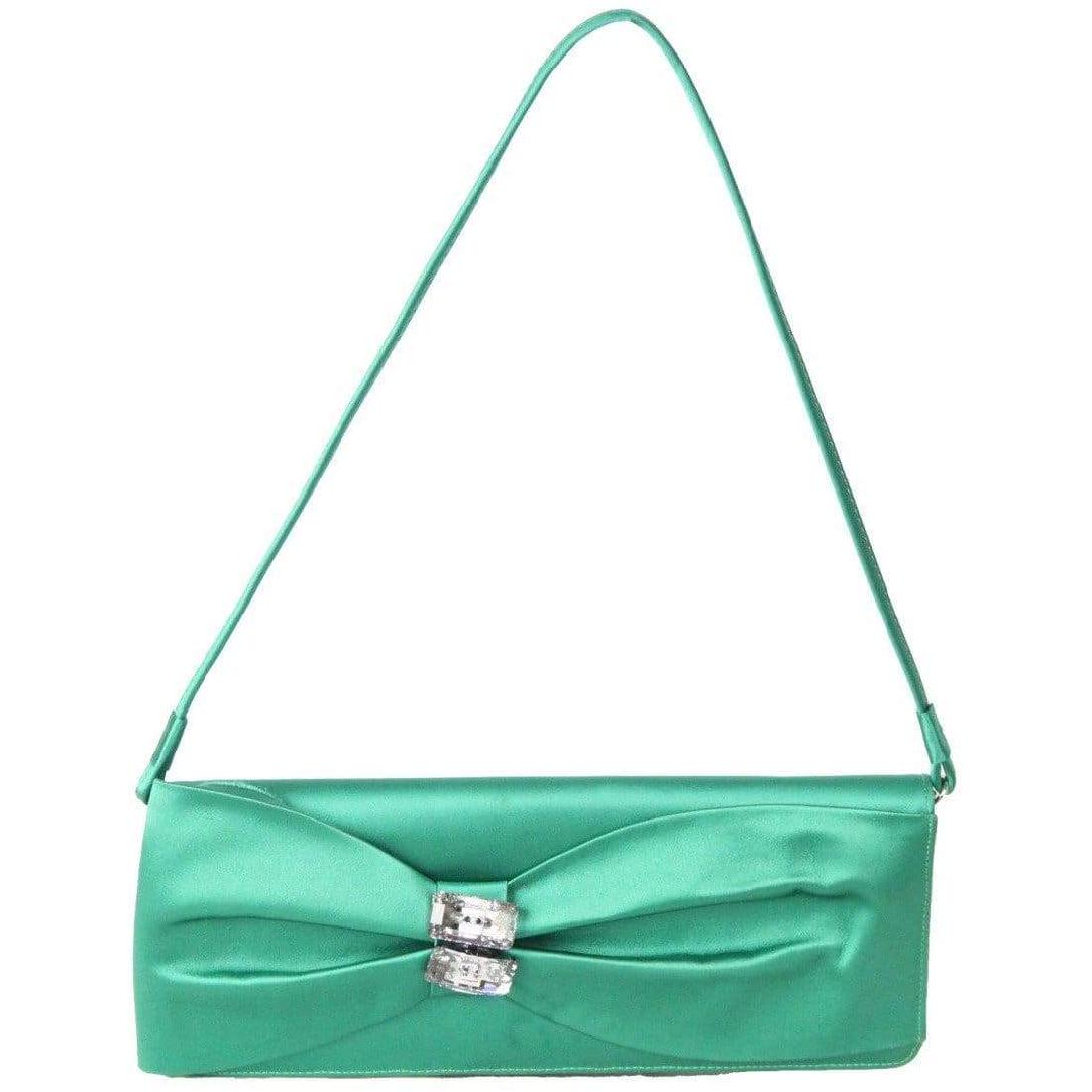 STUART WEITZMAN Green Satin EVENING BAG Clutch: STUART WEITZMAN Green Satin EVENING BAG Clutch - by: - Stuart Weitzman - Stuart Weitzman green satin clutch, with bow and rhinestone detailing on the front. Flap with magnetic button closure, signatur