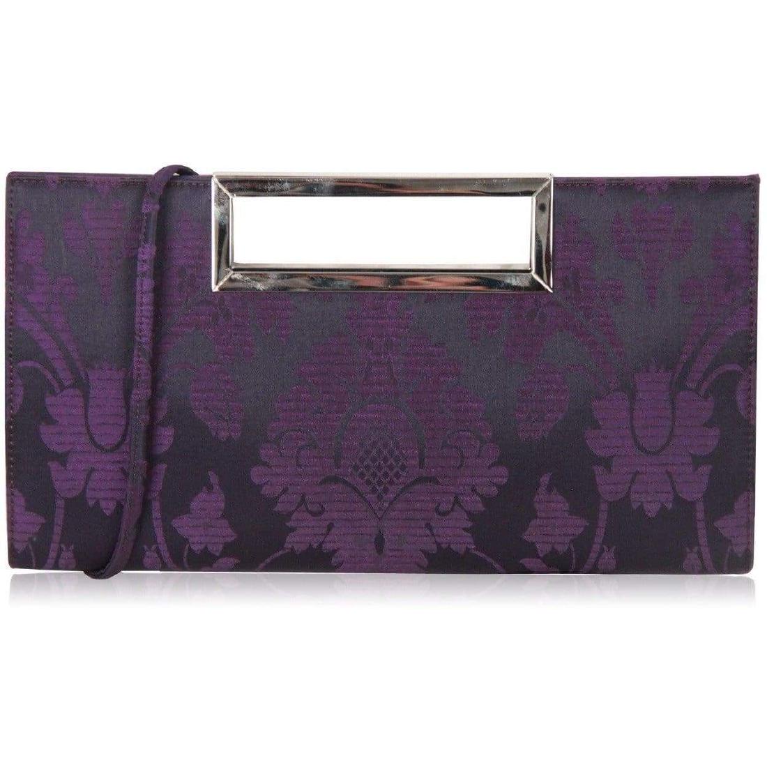 STUART WEITZMAN Purple Baroque Print Satin EVENING BAG: STUART WEITZMAN Purple Baroque Print Satin EVENING BAG - by: - Stuart Weitzman - Stuart Weitzman satin evening bag, featuring a barque print in purple colorway, with silver metal hardware. Double magn