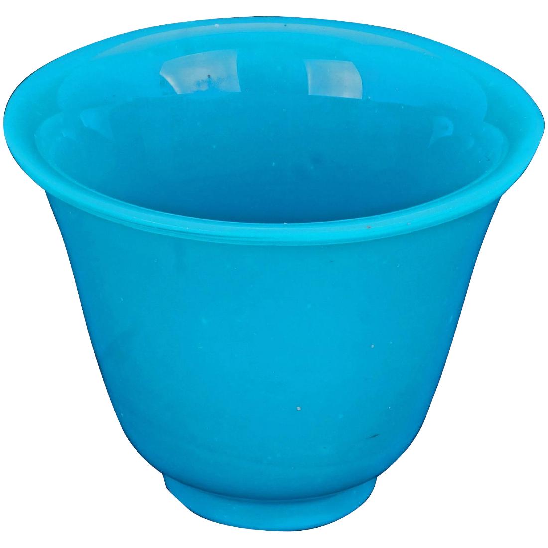 Chinese 19th century turquoise Peking glass tea cup or: A nice heavy, colorful, old Peking glass cup that shows wear on the foot. When held to a light, it has a beautiful translucent robin egg blue color.; A heavy glass that has been molded and then carved