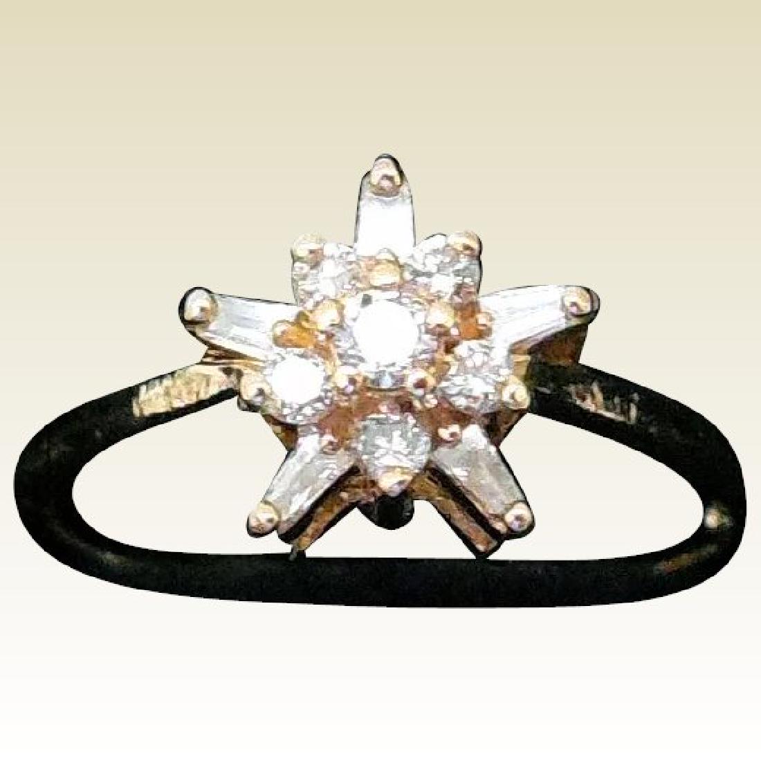 Vintage 14K Gold & Diamond Ring: Title: Vintage 14K Gold & Diamond Ring Maker: Unknown Origin: Unknown Date/Period: Ca 1960s/70s Materials: 14K Yellow Gold, Natural Diamonds Size: 7.25 This beautiful setting is tiered, with the diamo