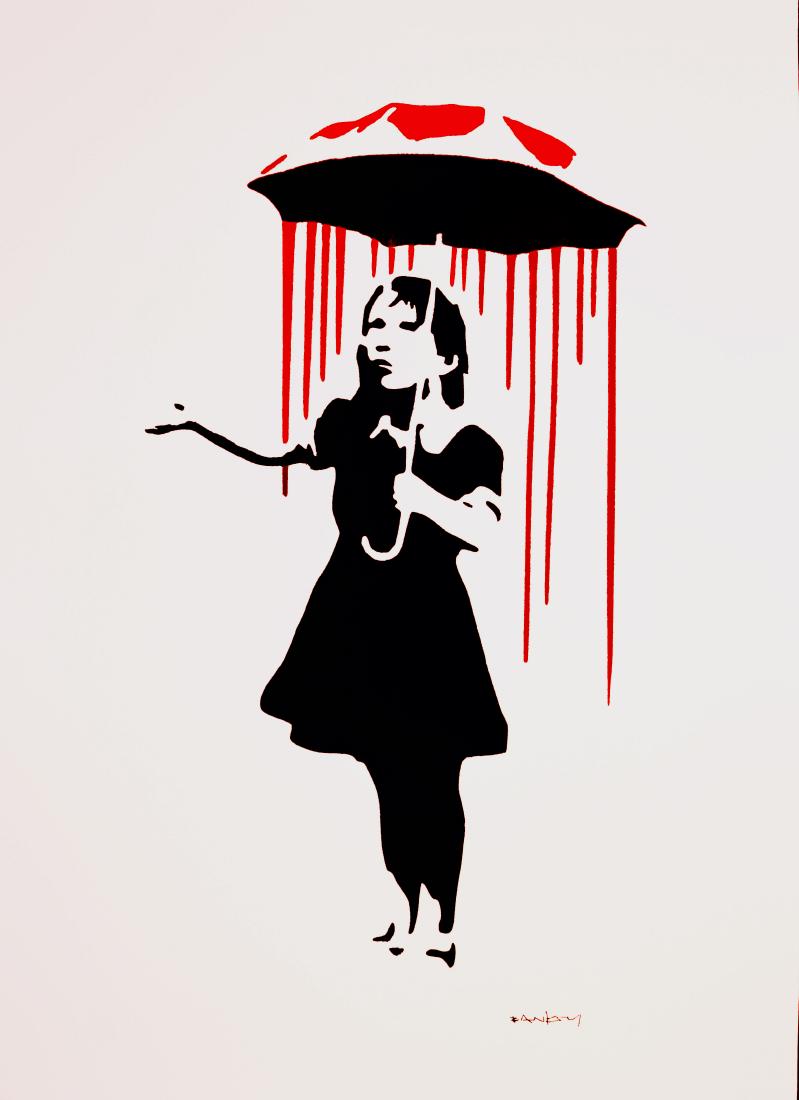 Banksy Nola Girl with Umbrella Red Rain and Red Top (1 of 2)
