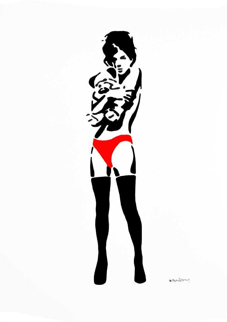 Banksy Sexy Girl Hugging Teddy Red Panties (1 of 2)