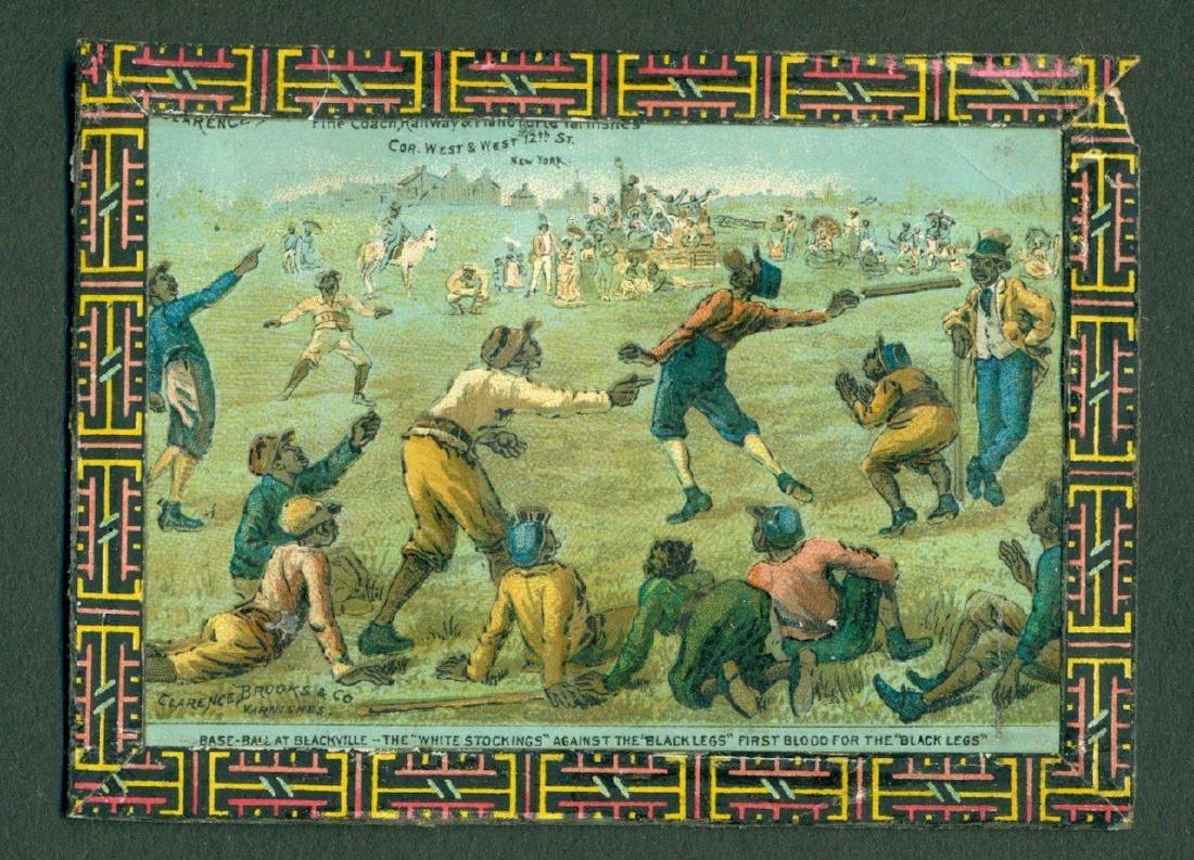 ca. 1878 BASEBALL at BLACKVILLE COLOR LITHO: ca. 1878 BASEBALL at BLACKVILLE COLOR LITHO ADVERTISEMENT CLARENCE BROOKS & CO ca. 1878 BASEBALL at BLACKVILLE COLOR LITHO ADVERTISEMENT CLARENCE BROOKS & CO Circa 1878 Antique Color Lithograph Advert
