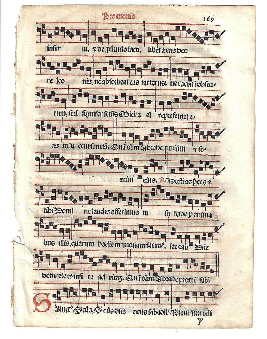 1567 Catholic Hymnal Leaf Music Red and Black: 1567 Catholic hymnal leaf printed in red and black, music both sides, from "Sacerdotal ad Consuetudinem Sacro Sancte…", printed at Venice by Petri Liechtenstein. Very Good, short tear, measures 6 x 