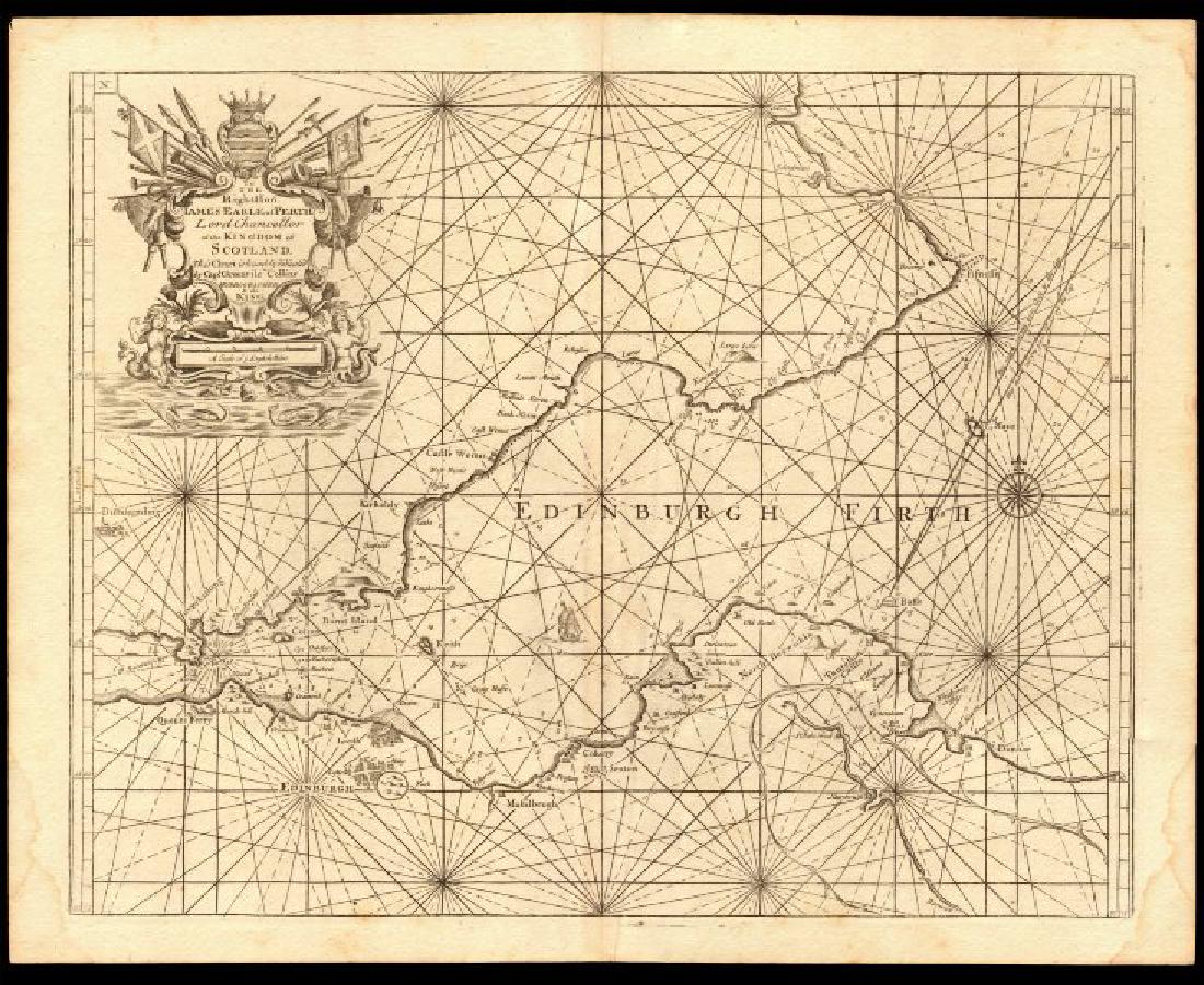 Edinburgh Firth' sea chart. Firth of Forth. Lothian &: TITLE/CONTENT OF MAP: '[Edinburgh Firth] - To the Right Hon. James Earle of Perth Lord Chancellor of the Kingdom of Scotland. This chart is humbly dedicated by Capt. Greenvile Collins, Hydrographer to