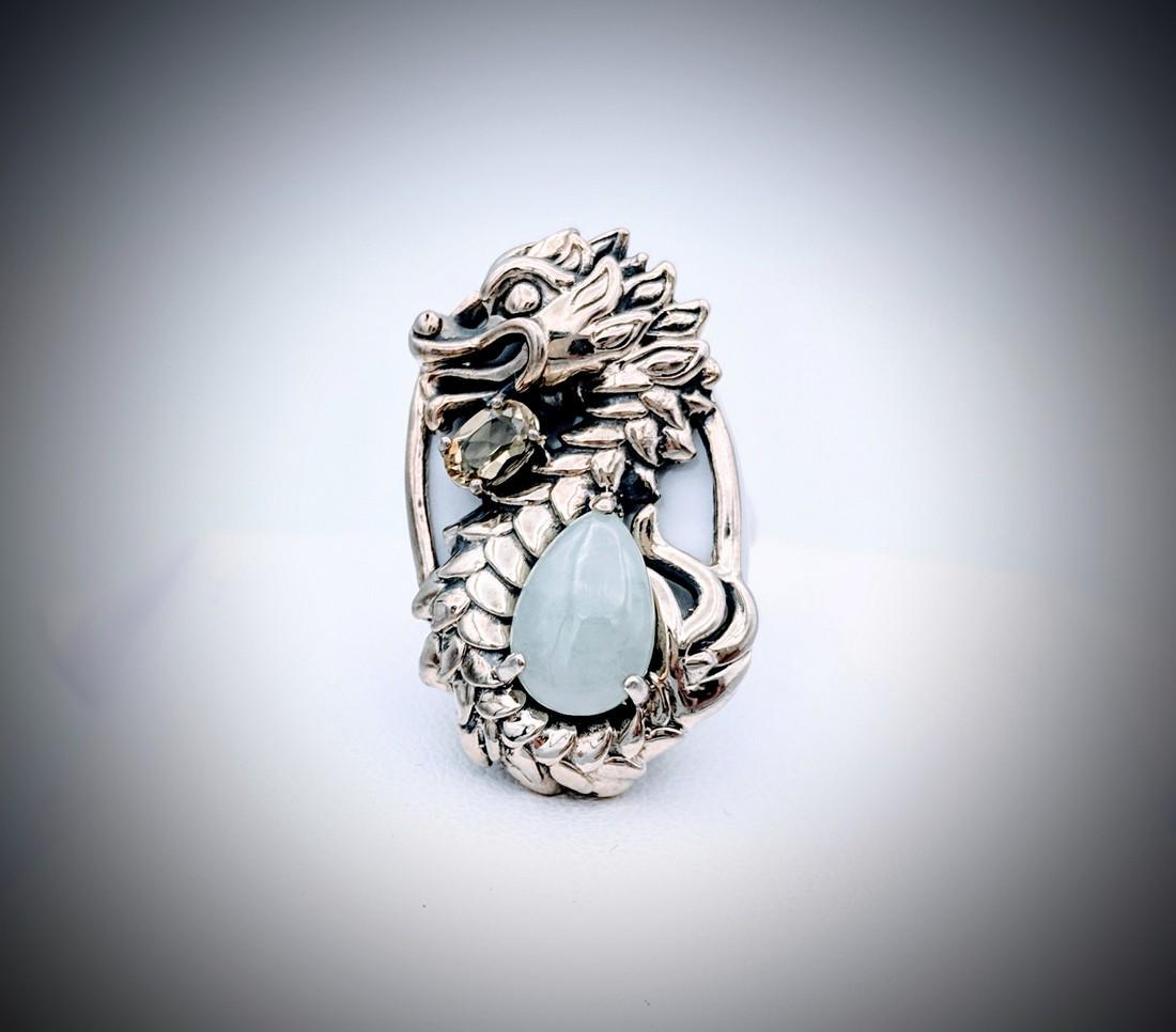 Sterling Silver Sz 7 Dragon Ring w Jade, White Onyx & (1 of 4)