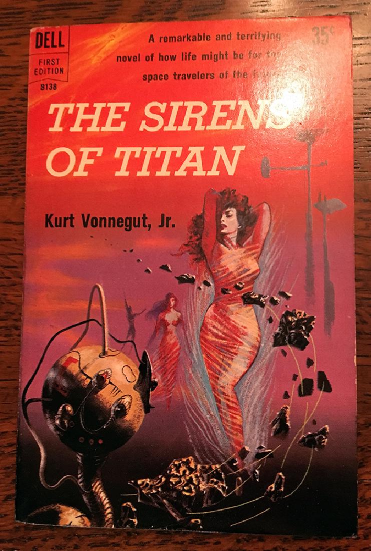 Vonnegut’s Sirens of Titan – first printing, sharp: Kurt VonnegutÂ’s second novel was first published by Dell as a paperback in 1959. This preceded the hardback version and is the true first edition. Published October 1959 by Dell Publishing Inc. (f
