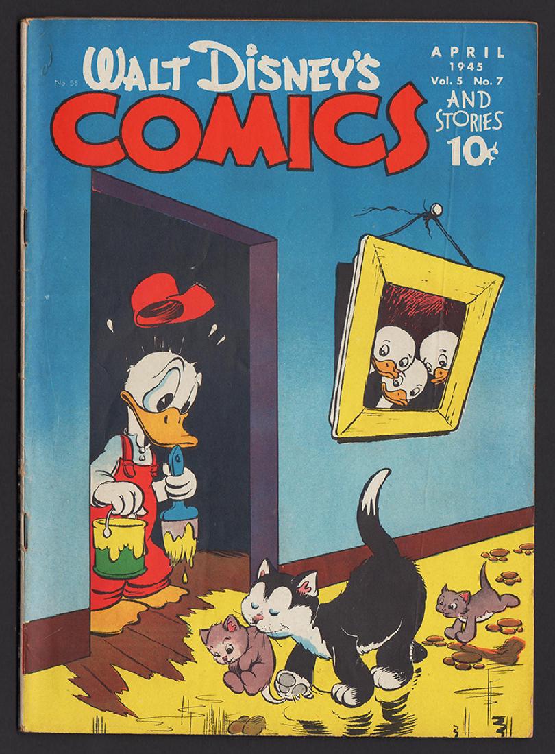 Walt Disney Comics and Stories, April 1945 (no. 55): Very nice vintage comic from the Golden Age of Comics. Very slight musty odor, otherwise a very nice example (tiny and light ink mark on front cover). Reserve: $40.00 Shipping: Domestic: Flat-rate of