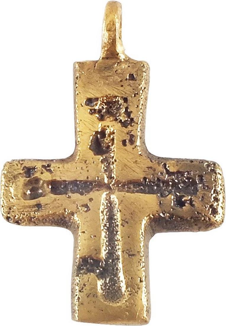 EUROPEAN PILGRIM’S RELIQUARY CROSS 7th-10th CENTURY: Gilt bronze. Just over 1” height. Of symmetrical form with the centered cross beam. The back recessed for inclusion of a Holy Relic, such as a splinter of the true cross or hair of a saint. Professi
