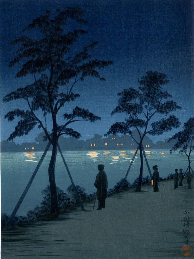 Kiyochika Kobayashi Woodblock Silhouettes Near the: Reserve Reduced! Kiyochika Kobayashi Silhouettes Near the Sumida River Shima Art Co. c. 1930s Japanese Woodblock Print 7.5 x 10.1 inches Provenance: from the Robert O. Muller estate. Reserve: $150.00