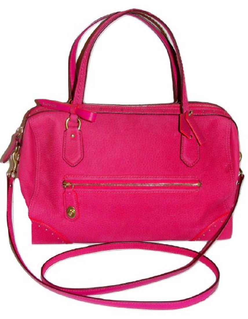 Coach Poppy East West Magenta Leather Bag: Coach Poppy East West Magenta Leather bag with bright brass studded trim. Love Love Love this color!! The bag is a soft flexible leather with almost a feel of suede. The color is a bright, yet not fla
