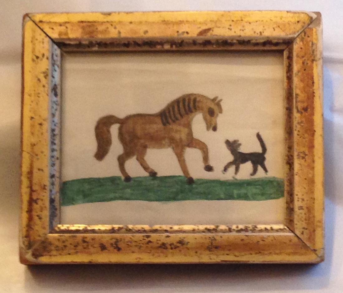 Folk art original horse and cat watercolor by J Leech, (1 of 2)