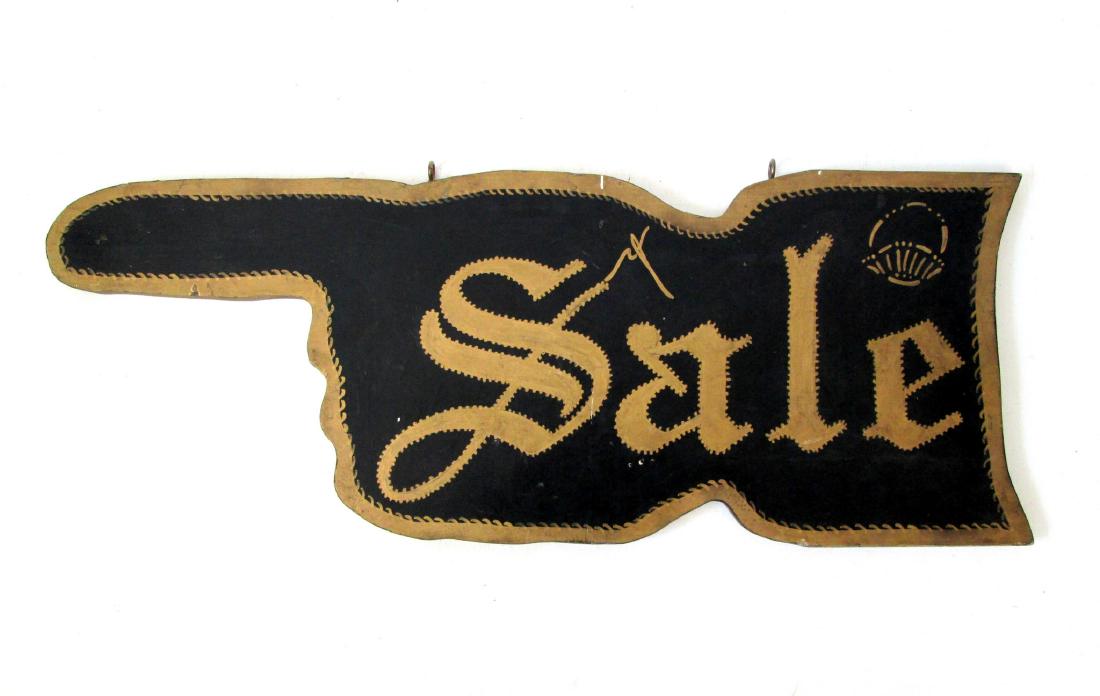 Graphic Sale Sign: Title: Graphic Sale Sign Date: C 1940 Materials: Pine Dimensions: 11"H X 29"W X 3/4"D Provenance/Additional Information: Bright dry original painted surfaces, cleverly depicting pointing hand with "st
