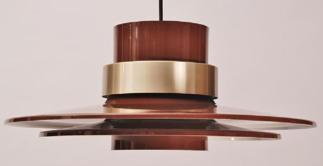 Pendant lamp: Title: Pendant lamp Maker: Lyskaer Origin: Denmark Date/Period: 1960's Materials: Aluminium Size: Ø 17,32 x 6,69 inches In good, well maintained condition, high glos brown with brass coated ring pend