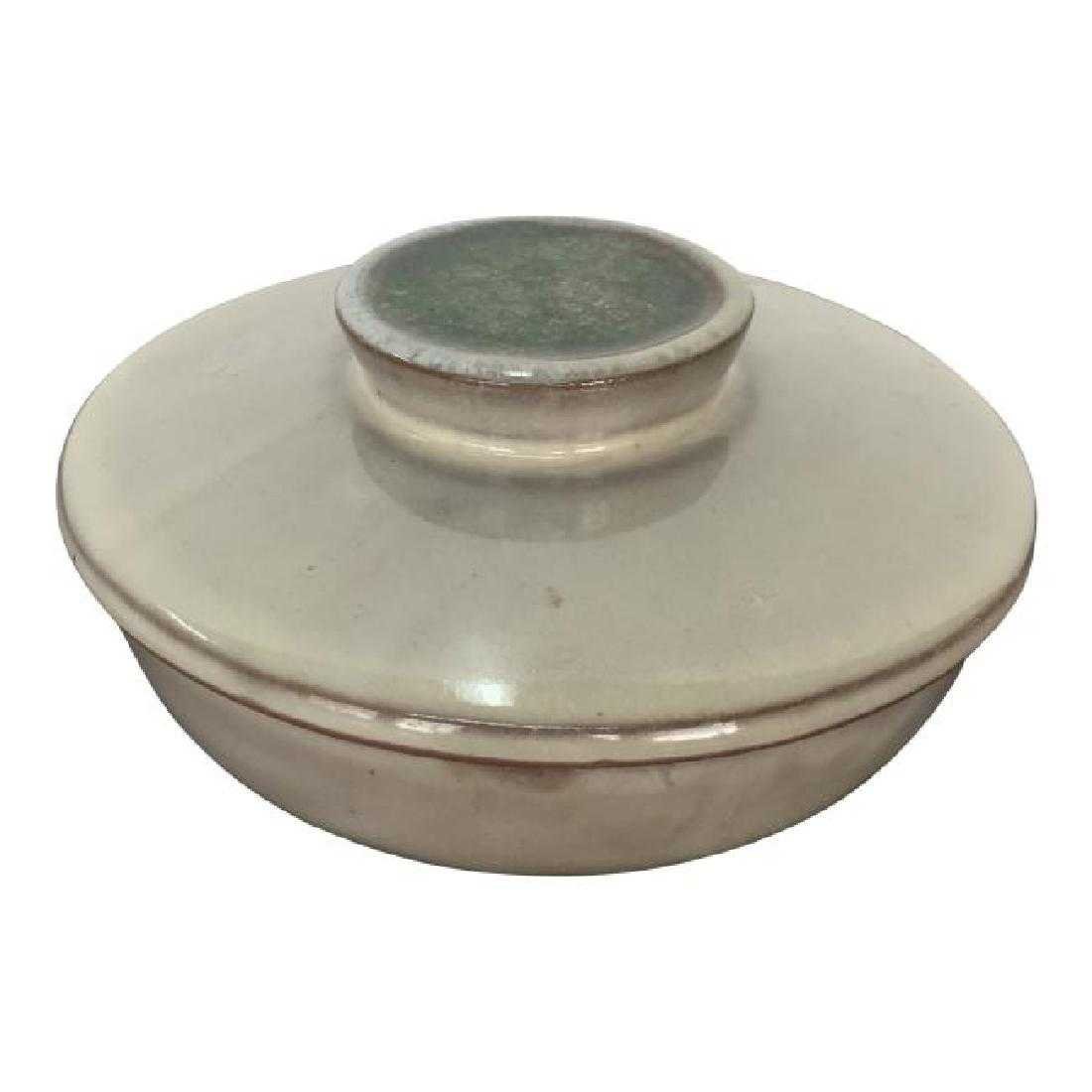 DESIGN TECHNICS Glass and Pottery Lidded Box: Title: DESIGN TECHNICS Glass and Pottery Lidded Box Origin: USA Date/Period: 1950 Materials: Ceramic Size: 3.5" High x 6.5" in Diameter This lovely terra-cotta box by Design Technics is glazed terra-c