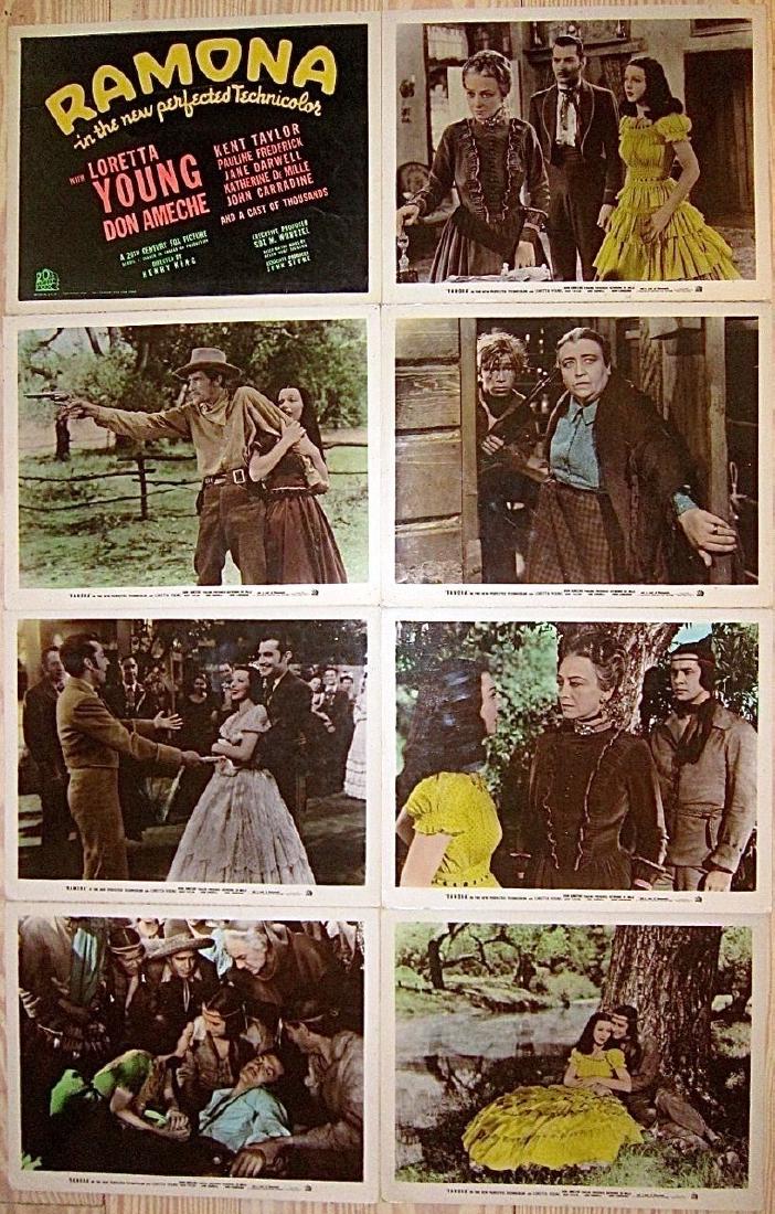 RAMONA 1936 HAND-TINTED PHOTO LOBBY SET OF 8! YOUNG: RAMONA (20th Century Fox, 1936) Size: Original U.S. Deluxe 'Color-Glos' Photo Lobby Card Set of 8 (11" x 14" each card). Condition: These 8 RARE Deluxe Photo Lobby Cards Display overall in Very Good C