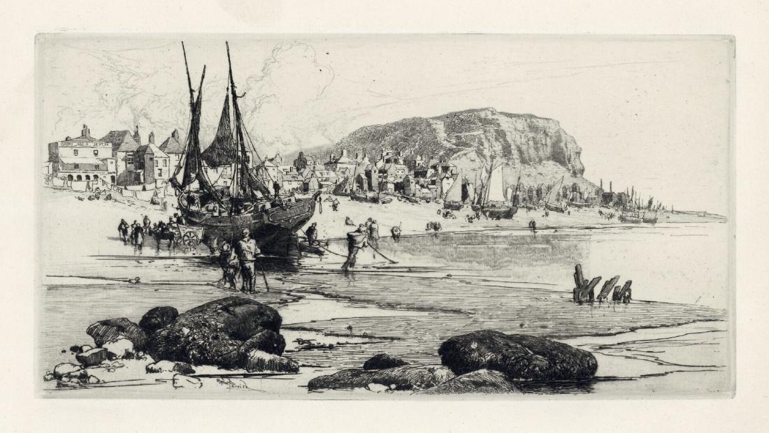 Stephen Parrish original etching "Hastings": Stephen Parrish original etching "Hastings" Medium: original etching. Catalogue reference: Schneider 113. Executed in 1885; this is a fine, dark impression with full original margins on watermarked la