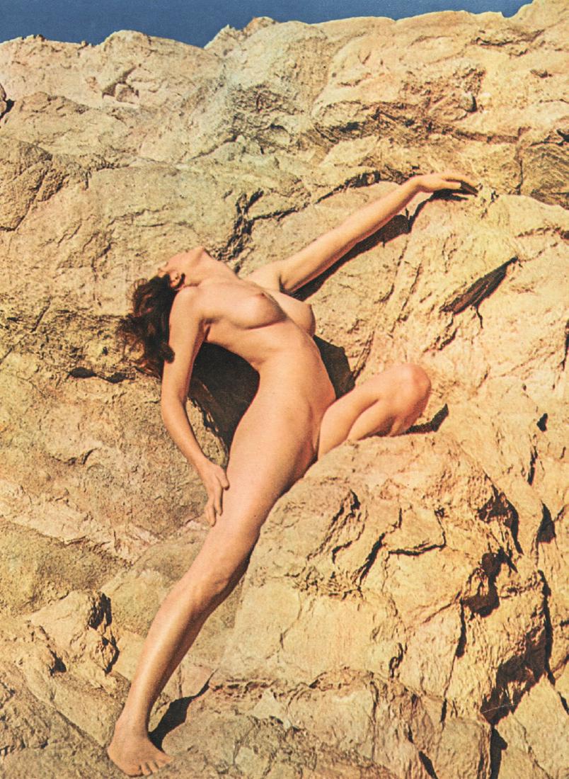 ANDRE DE DIENES - Nude on Cliffside: Artist: De Dienes, Andre Title: Nude on Cliffside Medium: Sheet Fed Gravure, 1950s, France Dimensions: 8.4x11.5"Heat Wax Mounted on 14x18" Conservation Board Andre De Dienes was a Hungarian photograph