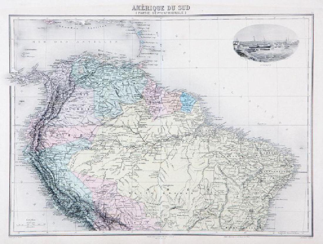 Migeon / Lacoste: Northern South America: Map Title: Amerique du Sud (Partie Septentrionale) Cartographer: J. Migeon/Ch. Lacoste Place/Date: Paris / 1870s Size: 16 3/4" x 13" Condition: wash color; overall age-toning A highly detailed and bea