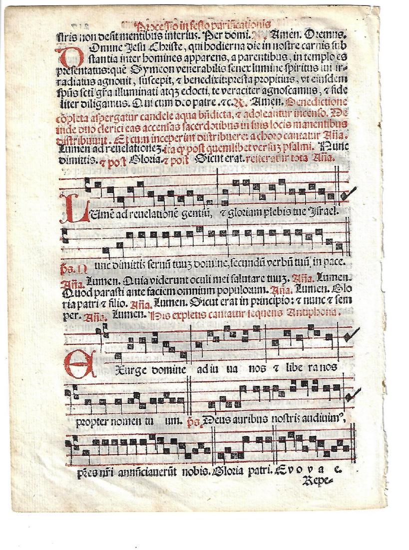 1567 Catholic Hymnl Leaf Music: 1567 Catholic hymnal leaf printed in red and black, music on one, from "Sacerdotal ad Consuetudinem Sacro Sancte…", printed at Venice by Petri Liechtenstein. Very Good, short tear, measures 6 x 8.5"
