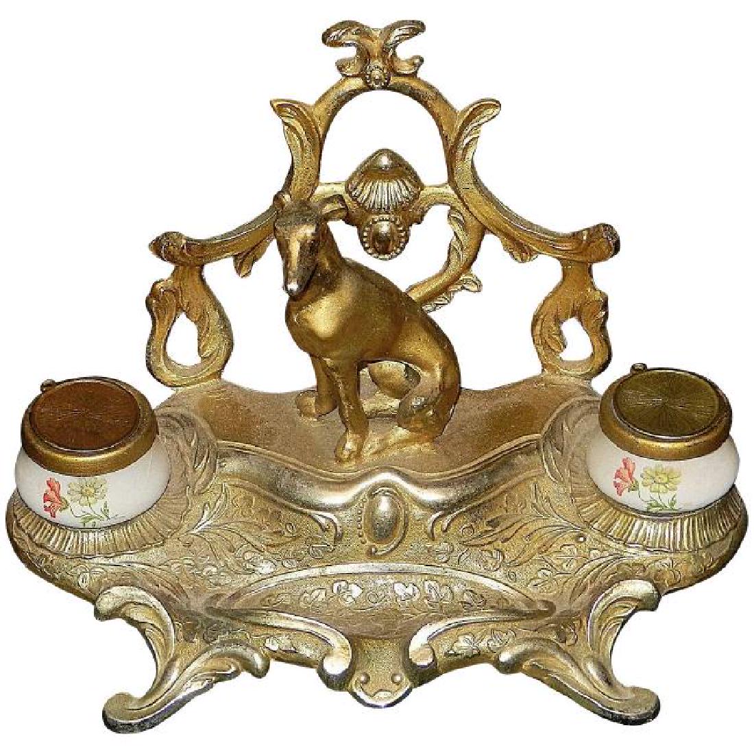 Brass Double Porcelain Inkwell with Seated Greyhound (1 of 9)