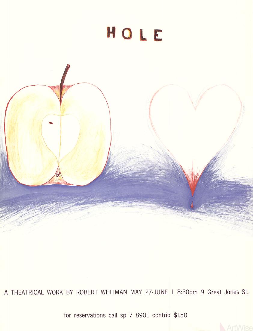 Robert Whitman Hole Offset Lithograph: Hole by Robert Whitman, 1963 Unsigned Offset Lithograph. Paper size is 22 x 17 inches, with an image size of 22 x 17 inches. The Offset Lithograph is from an unknown edition size. and is not framed. T