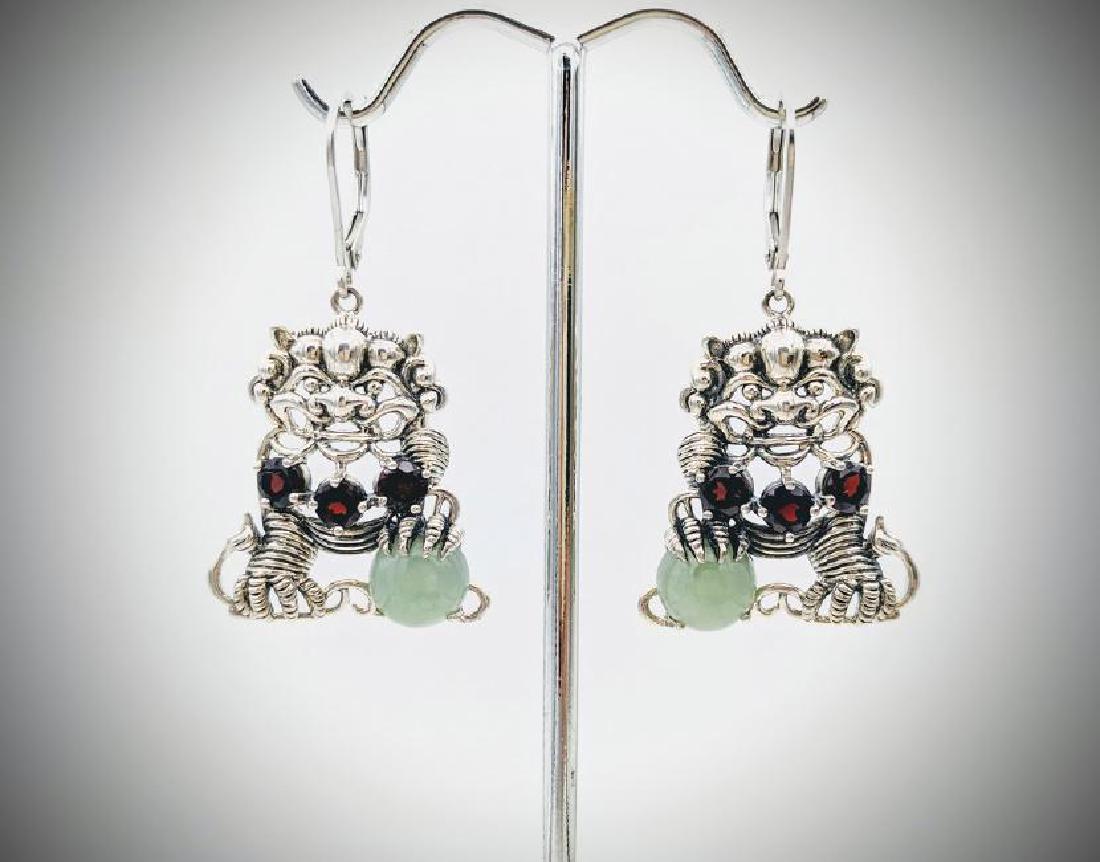 925 SS Chinese Tiger Earrings w Jade & Garnet (1 of 3)