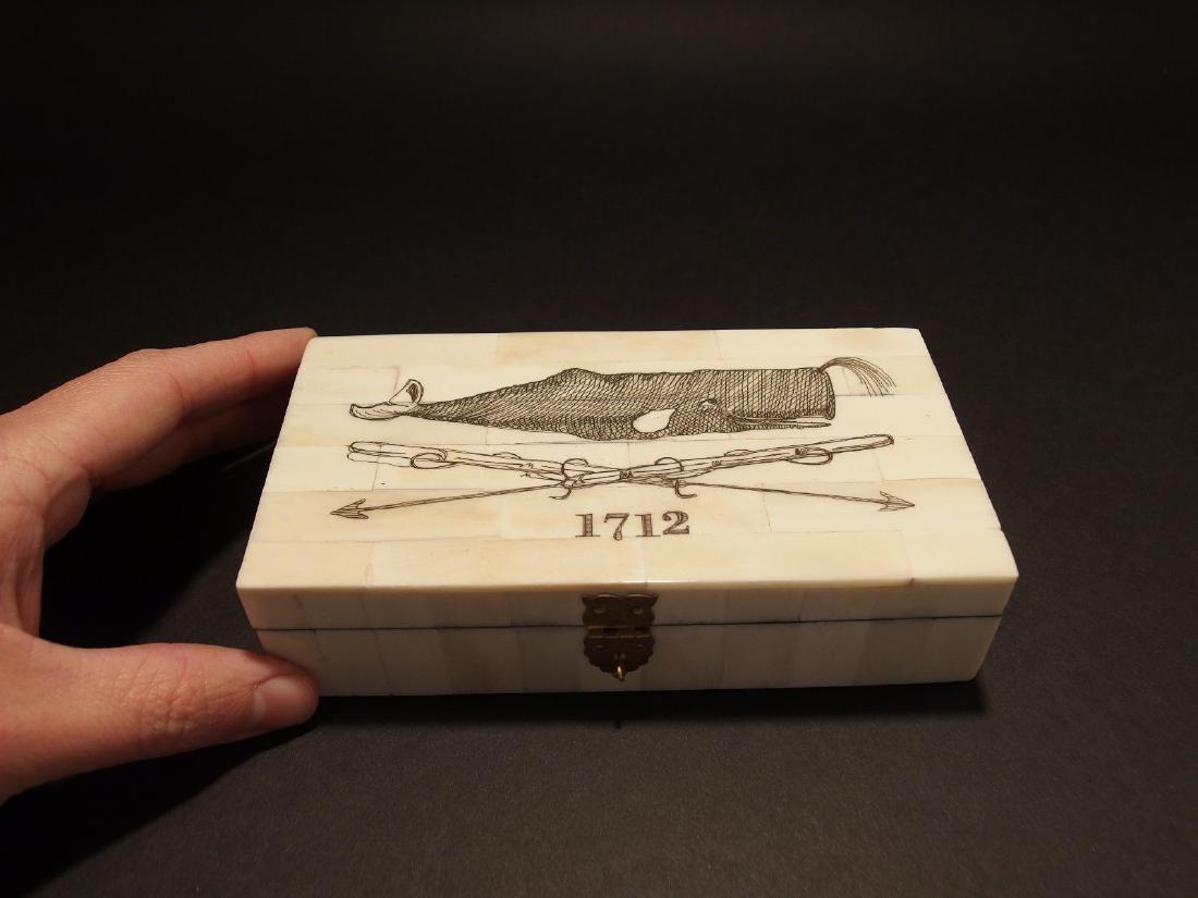 Folk Whale Harpoon Scrimshaw Bone & Wood Trinket Box: Antique Style Folk Art Mermaid Scrimshaw Bone & Wood Trinket Stamp Jewelry Box 6 1/4" Long x 2 1/4" Wide x 1 3/8" High Wonderful new reproduction scrimshaw carved ox bone box. As you can see this piec