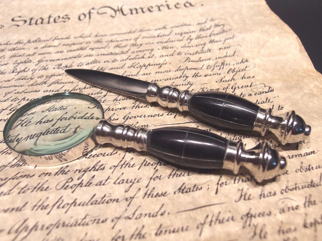 Desk Magnifying Glass Letter Opener Set w Horn Handles (1 of 4)