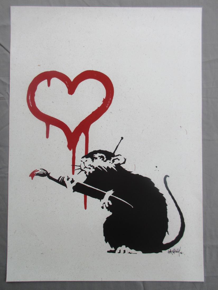 Banksy (after) Love Rat Poster: No Reserve! Banksy (after) Love Rat Poster Size 59 1/2 cm X 42 cm This will be shipped rolled in a tube Shipping: Worldwide: Flat-rate of $25.00 to anywhere in the world. Combined shipping: Please ask