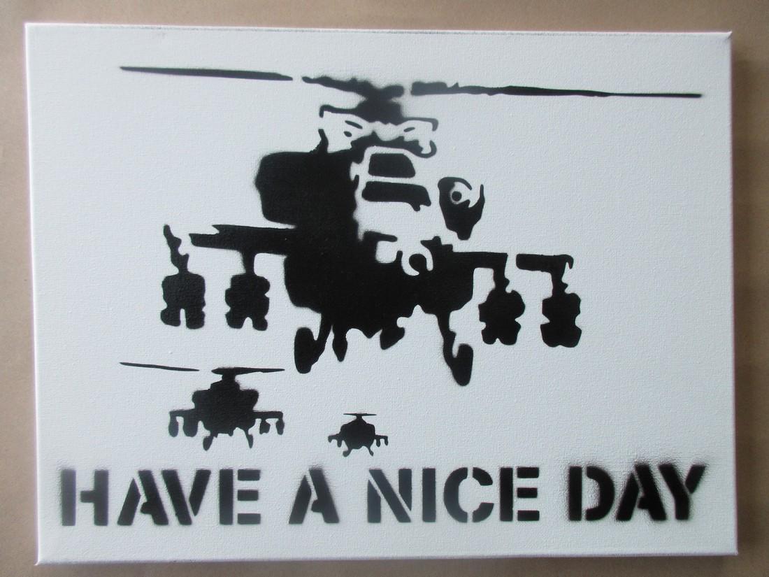 Banksy Dismaland Happy Choppers spray paint on canvas (1 of 3)