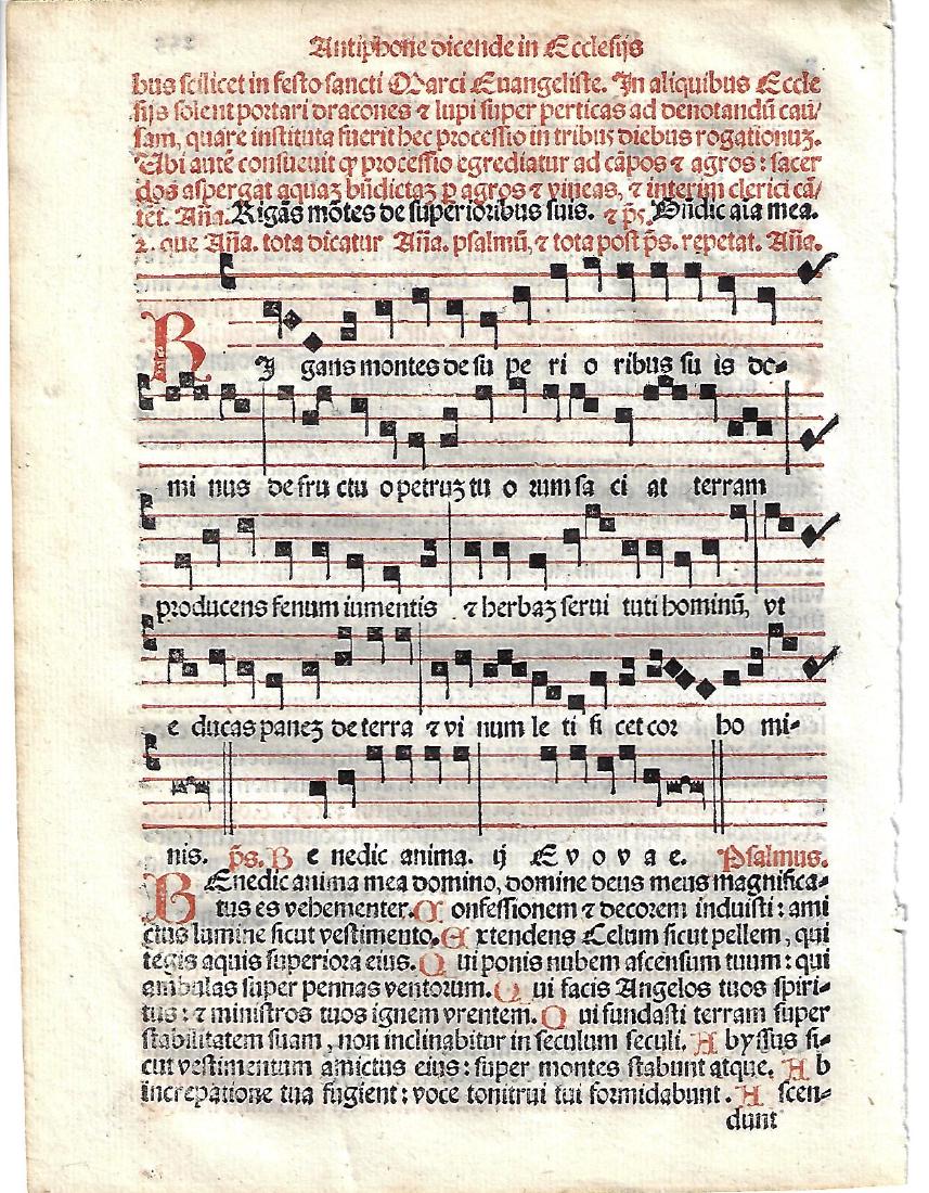 1567 Catholic Hymnal Leaf Music Red and Black: 1567 Catholic hymnal leaf printed in red and black, music on one, from "Sacerdotal ad Consuetudinem Sacro Sancte…", printed at Venice by Petri Liechtenstein. Very Good, short tear, measures 6 x 8.5"