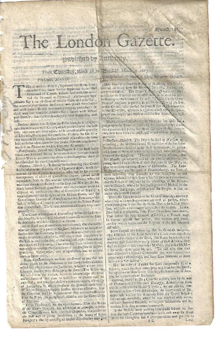 1667 London Gazette Ireland Rebellion Turks: The March 21-27, 1667 issue of The London Gazette, two pages singlesheet printed both sides, complete. Printed by Thomas Newcomb at the Savoy. Interesting content including the putting down of a rebel