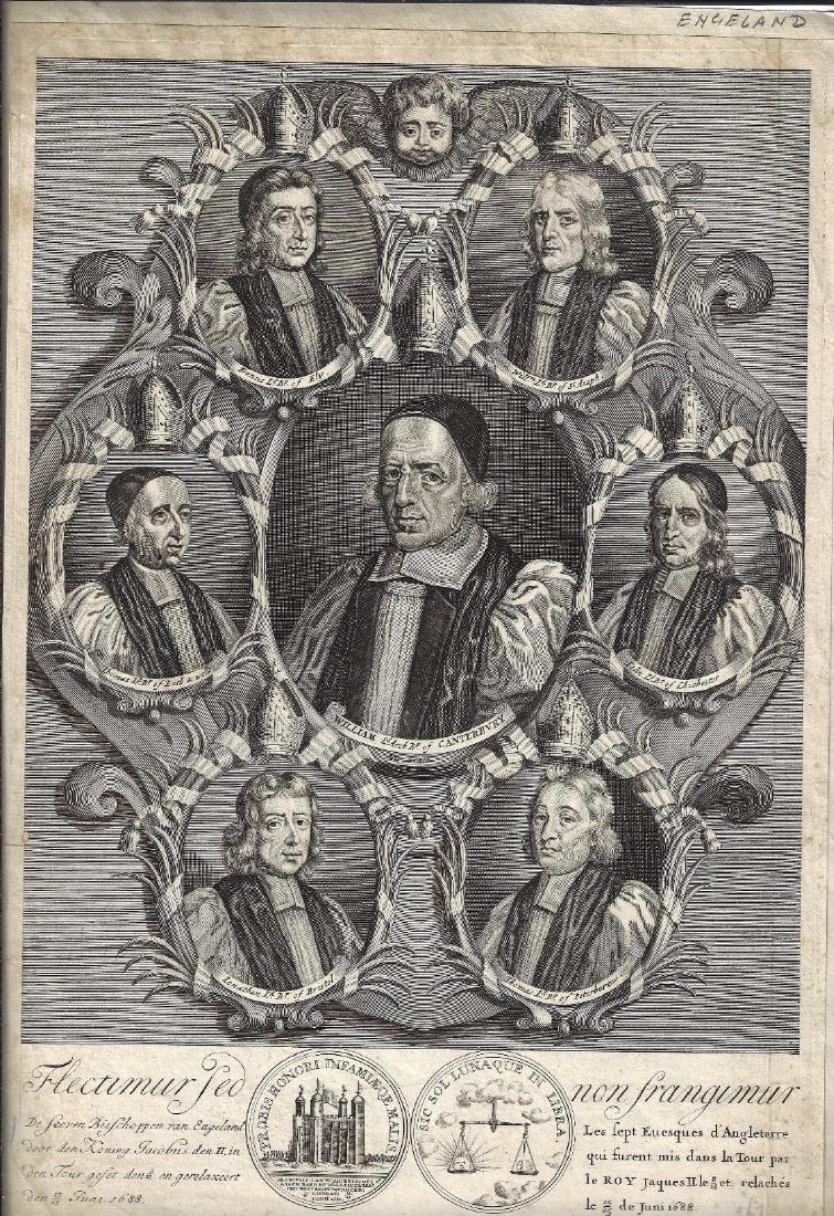 1688 Rare Engraving Flectimur Sed Seven Bishops: 1688 Flectimur Sed Non Frangimur, engraving of the seven Bishops sent to the Tower of London for sedition against James II. Very Good,, tagged at top to a paper sheet. (Bottom margin and sides cropped