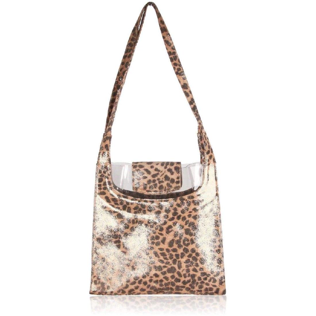 STUART WEITZMAN Metallic Gold Tone TOTE w/ Leopard: STUART WEITZMAN Metallic Gold Tone TOTE w/ Leopard Print Stuart Weitzman canvas tote with metallic effect and and an allover leopard print. Clear pvc panel on the frnt and on the back. Magnetic button